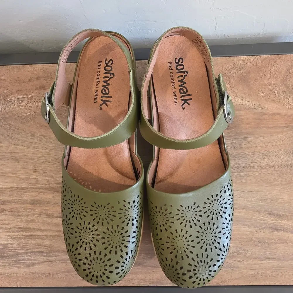 SoftWalk Mabelle Perf Olive Green Leather Laser Cut Wedge Clog Sandals Size 10M